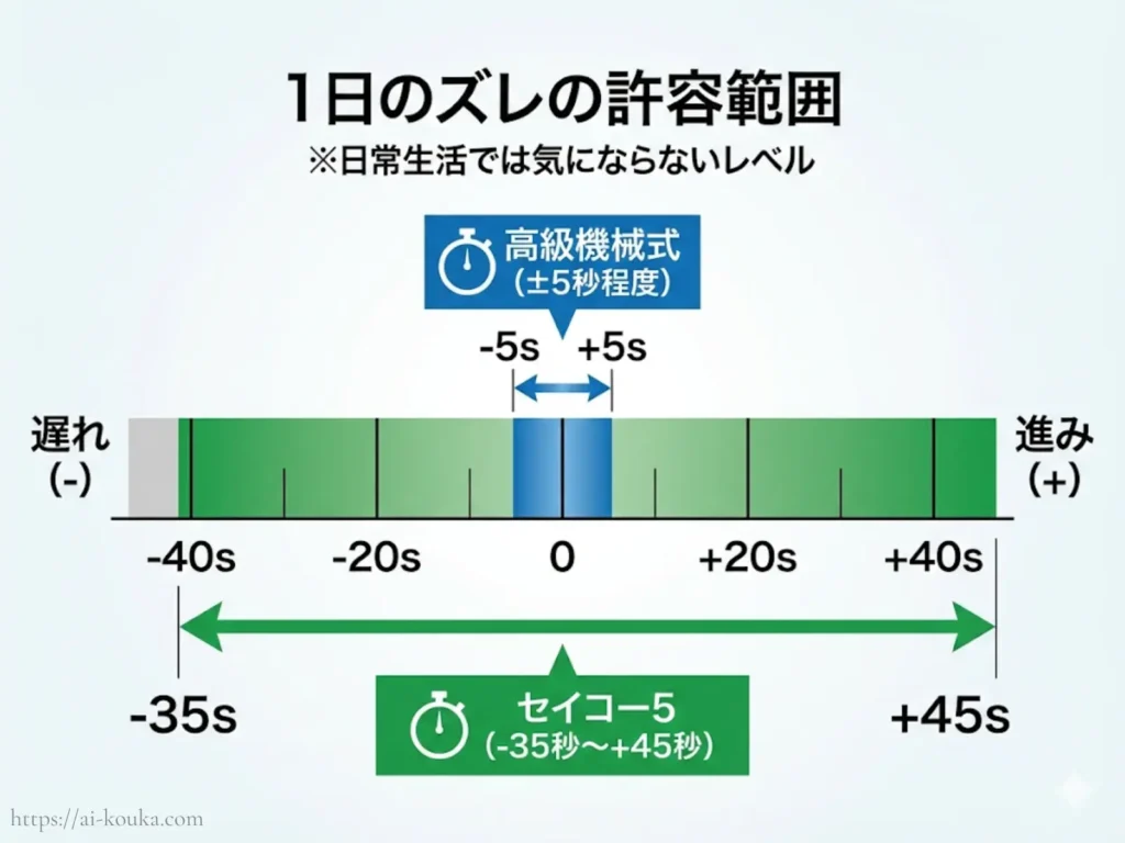 セイコー5の日差と高級時計の精度の比較図