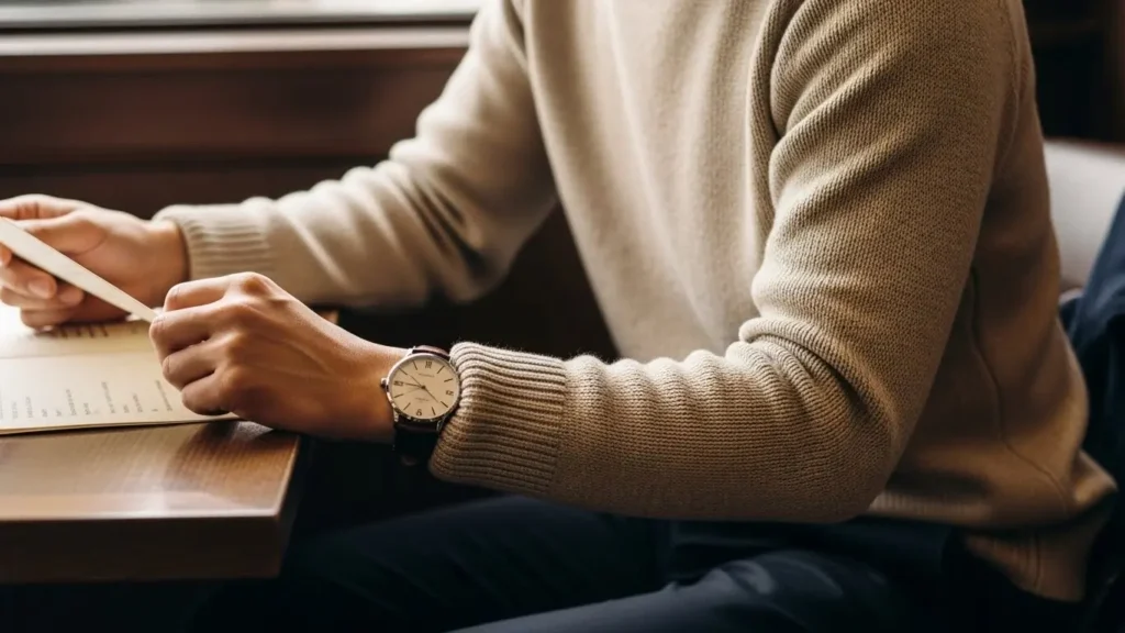 スマートカジュアルな服装にセイコープレサージュを合わせた適切なコーディネート例