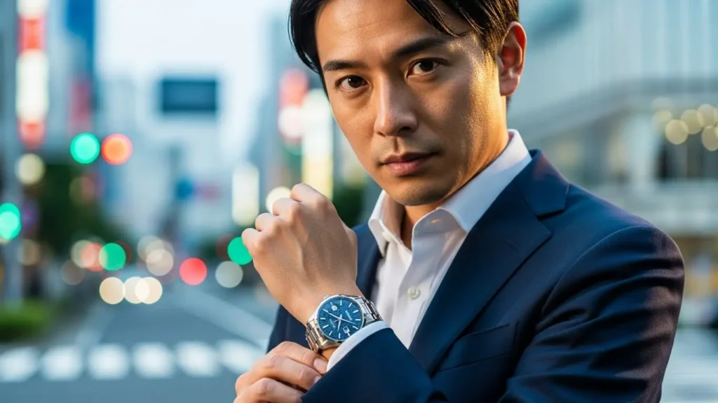 スーツを着こなす日本人男性と腕元に輝くセイコープレサージュ