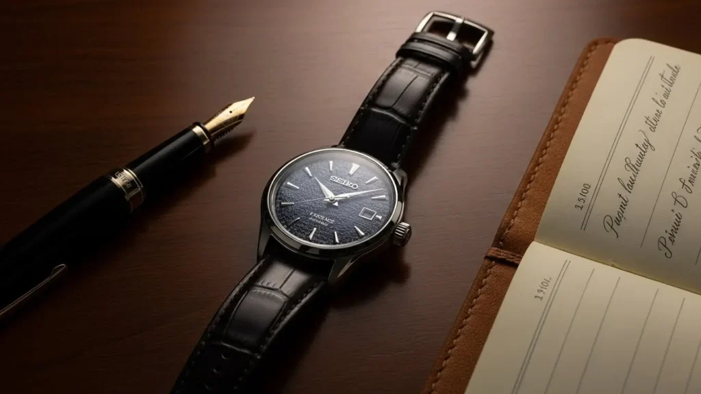 書斎のデスクに置かれた高級感漂うドレスウォッチと万年筆
