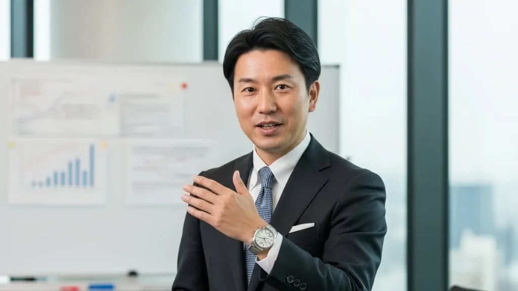 ビジネスシーンでプレゼンテーションを行う40代男性とプレサージュ