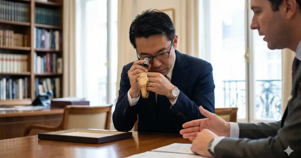 海外の現地で直接高級時計を買い付ける日本人バイヤーの様子