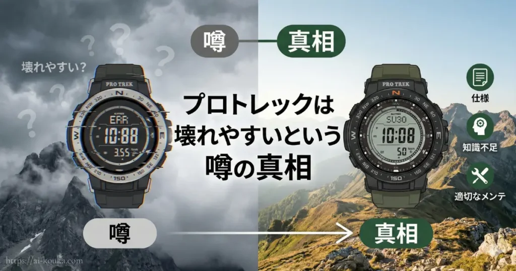 プロトレックが壊れやすいという噂の真相は、製品の仕様や知識不足、メンテナンス不足による誤解であることを示す比較図。