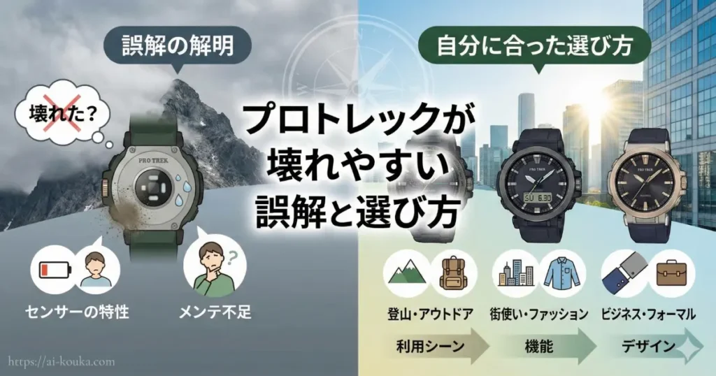プロトレックが壊れやすいという誤解の解明と、登山・街使い・ビジネスといった利用シーンに合わせた選び方のまとめ画像。