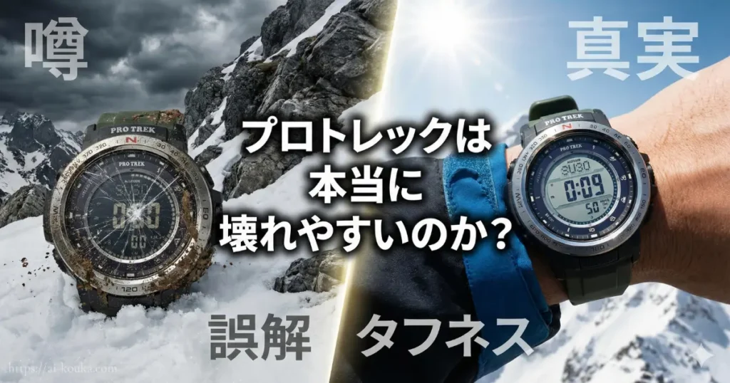 プロトレックが壊れやすいという噂は誤解であり、実際は過酷な登山にも耐えるタフネスを備えていることを示す対比画像。
