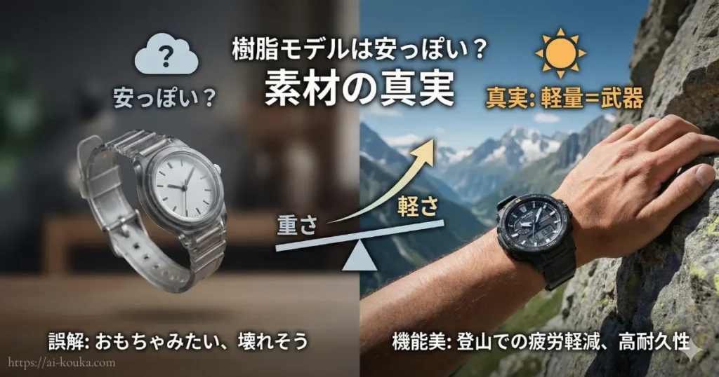 プロトレックの樹脂モデルが安っぽいというのは誤解で、軽量であることが登山時の疲労軽減につながる機能美であることを示す比較図。