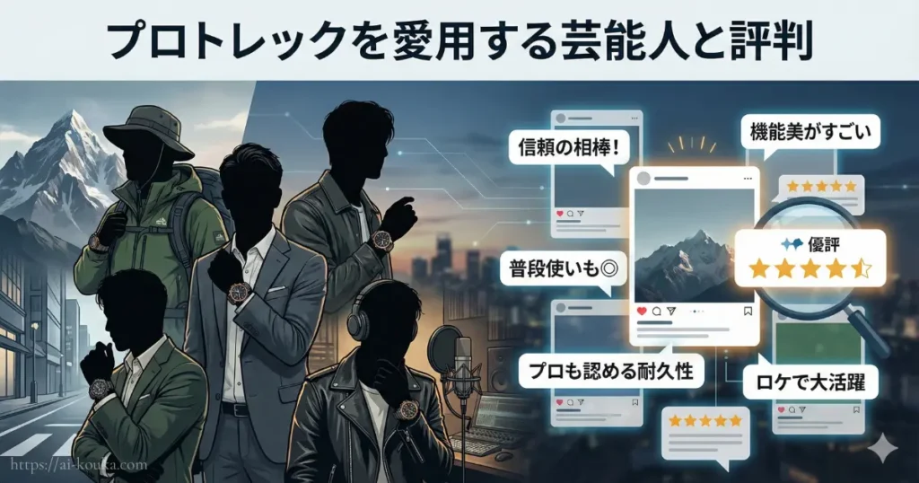 プロトレックを愛用する芸能人のイメージと、信頼の相棒、機能美といったSNSでのポジティブな評判をまとめたイメージ画像。