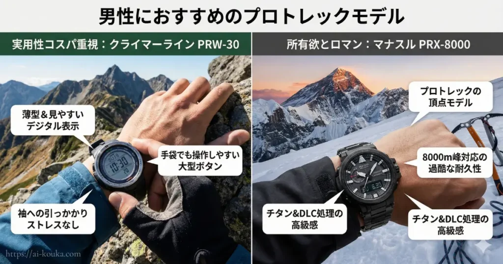 男性におすすめのプロトレックとして、実用性重視のクライマーラインPRW-30と、最高峰マナスルPRX-8000を紹介する比較画像。