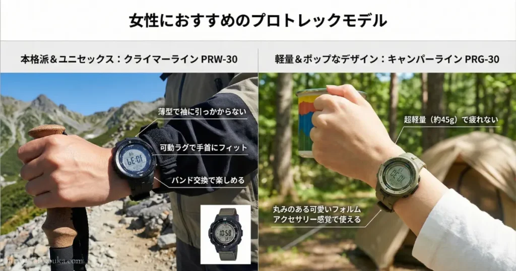 女性におすすめのプロトレックとして、ユニセックスなクライマーラインPRW-30と、軽量でポップなキャンパーラインPRG-30を紹介する比較画像。