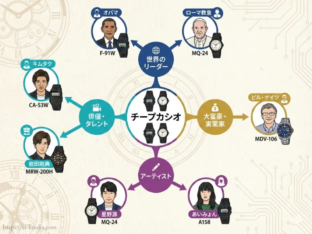 チープカシオ愛用の芸能人と著名人一覧図解