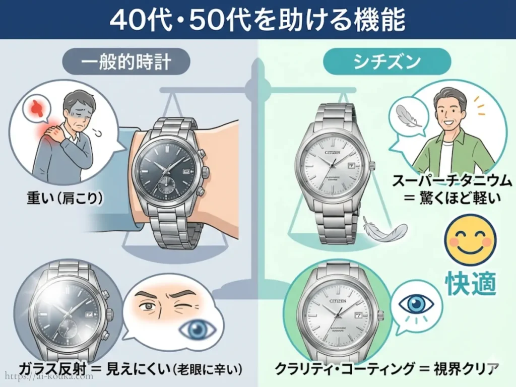 シチズンのチタン素材の軽さとガラスの視認性の良さの解説