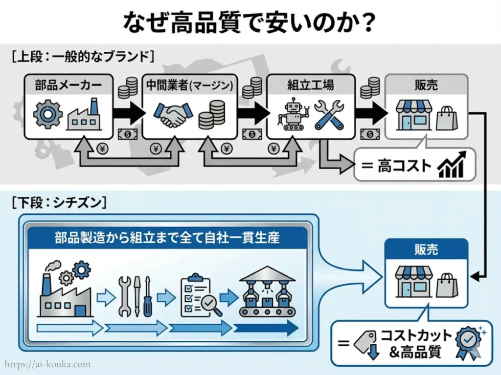 シチズンが自社一貫生産でコストを抑えている仕組みの図解