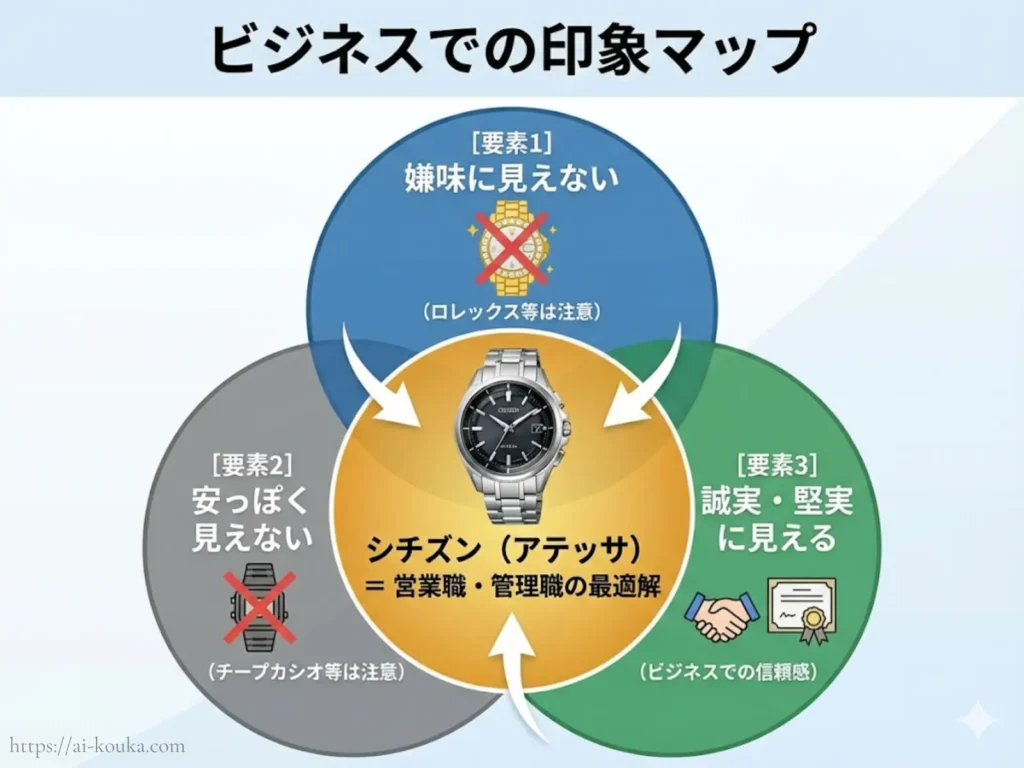 シチズンがビジネスで嫌味にならず信頼を得られる理由の図