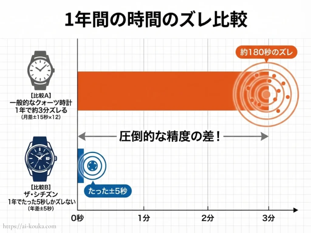一般的な時計とザ・シチズンの年間の時間誤差を比較した図