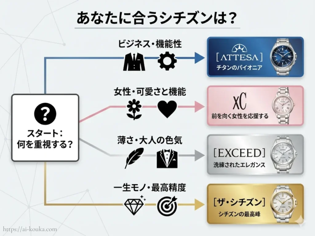 目的や用途に合わせて最適なシチズンのシリーズを選ぶチャート