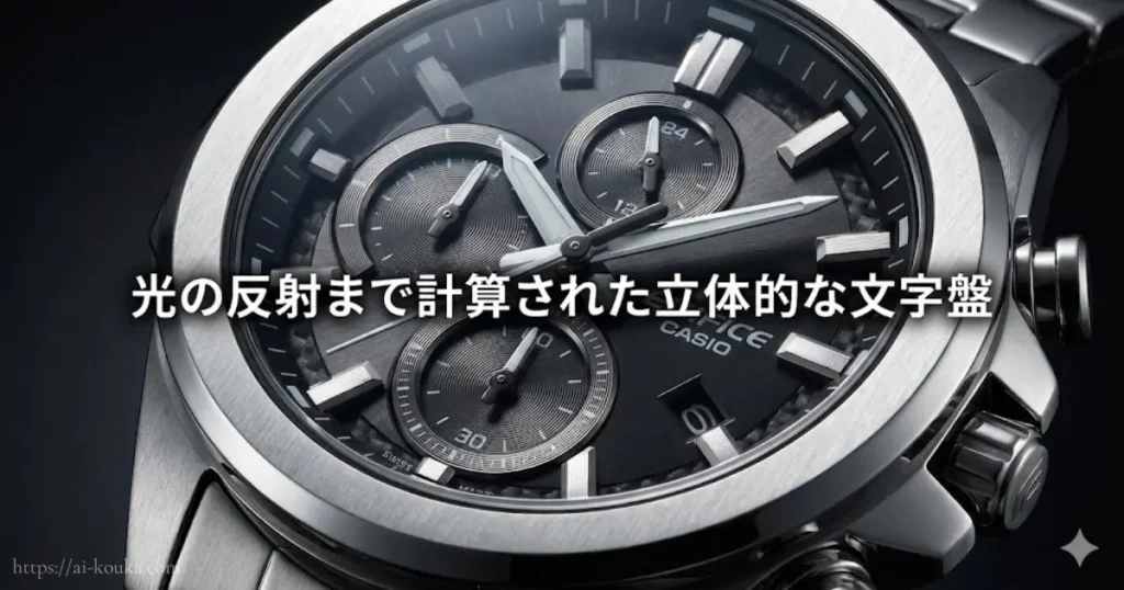 エディフィスの精巧で立体的な文字盤デザインのクローズアップ画像