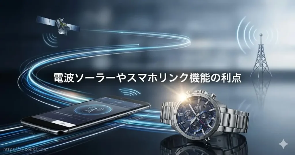 エディフィスの電波ソーラーとスマホリンク機能の利便性イメージ