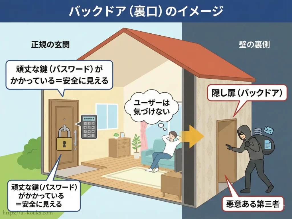 スマートウォッチのバックドア（裏口）から情報漏洩する仕組みのイメージ図