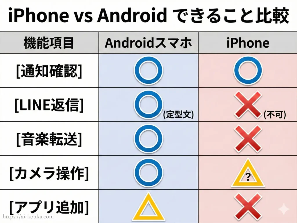 ファーウェイウォッチのiPhoneとAndroidでの機能制限比較表