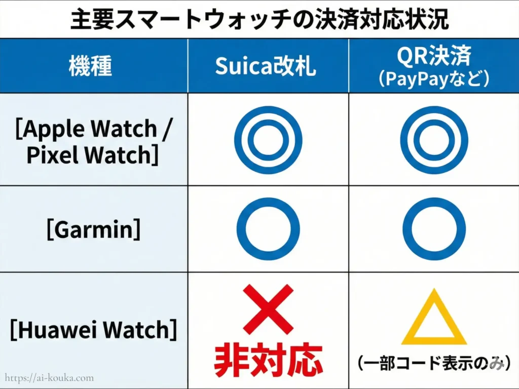 Huaweiウォッチと他社製品のSuica・電子マネー対応比較図