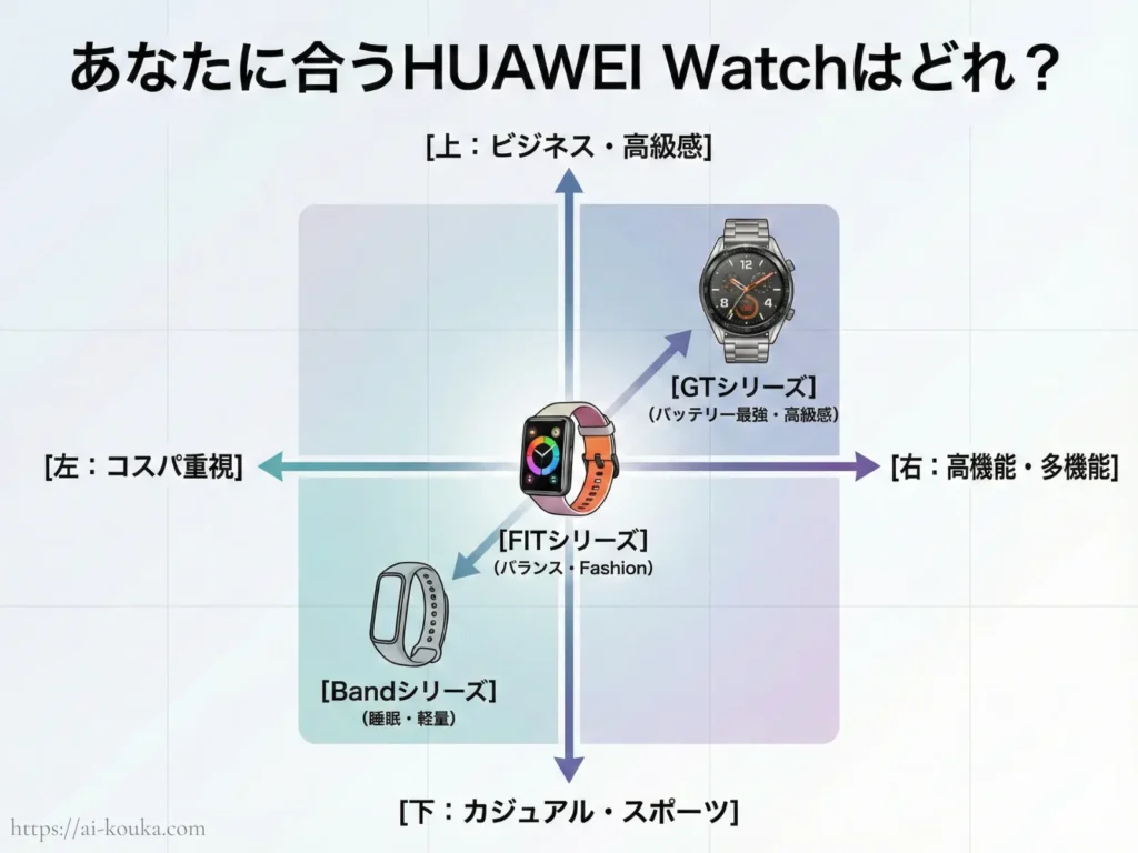 HUAWEI Watch GT, FIT, Bandシリーズの選び方・ポジショニングマップ