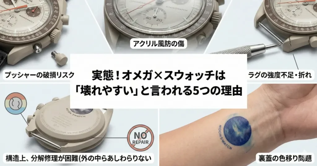 オメガ×スウォッチ（ムーンスウォッチ）が壊れやすいとされる5つの原因（アクリル風防の傷、プッシャーやラグの破損、修理不可な構造など）をまとめた解説画像。
