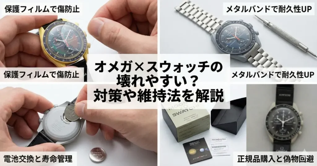 オメガ×スウォッチの破損を防ぐための対策（保護フィルム、メタルバンド交換）と維持法（電池交換、正規品購入）を解説したまとめ画像。