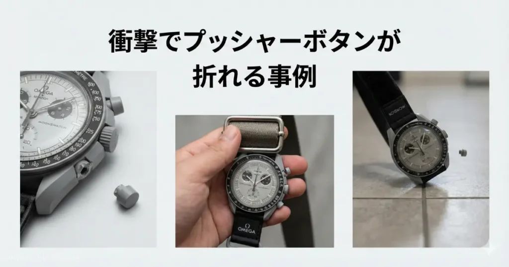 オメガ×スウォッチ（ムーンスウォッチ）のクロノグラフプッシャーボタンが、衝撃によって根元から折れて破損した事例を示す写真。