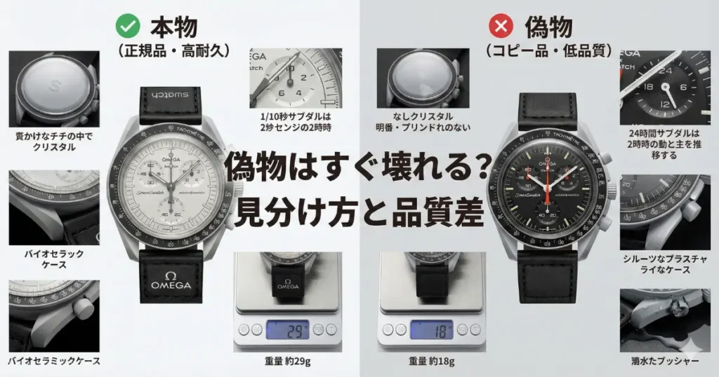 オメガ×スウォッチの正規品と偽物（コピー品）を比較し、風防の「S」マーク、インダイヤルの動き、重量などの見分け方と品質差をまとめた比較図。