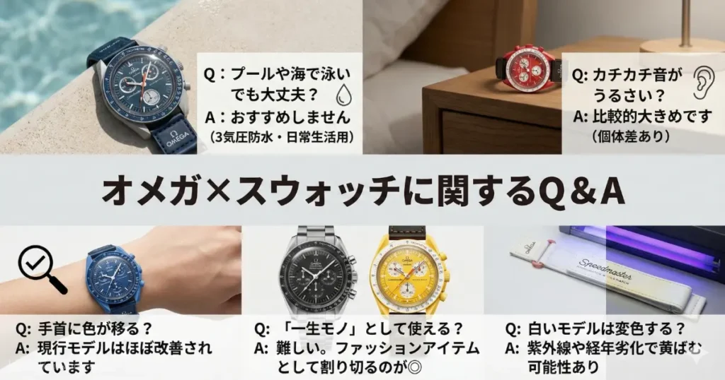 オメガ×スウォッチの防水性、動作音、色移り、寿命、変色といったよくある疑問に対する回答をまとめたQ&A形式の解説画像。
