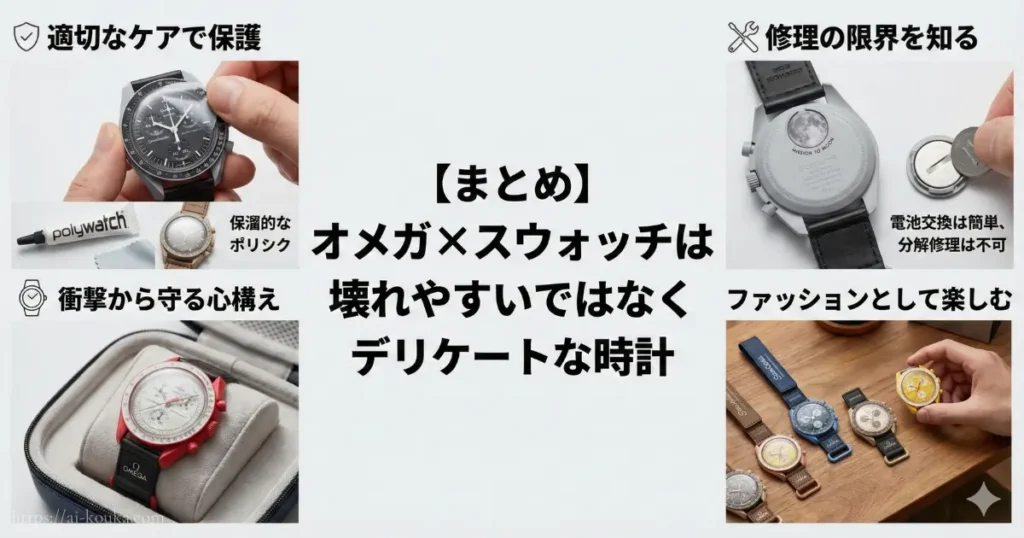 オメガ×スウォッチは壊れやすいのではなくデリケートな時計として、適切な保護と優しい取り扱いで楽しむためのポイントをまとめた総括画像。