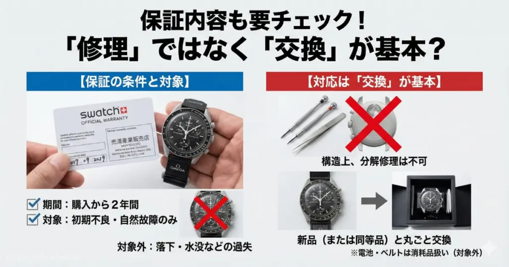 オメガ×スウォッチの保証は修理でなく新品交換が基本である点や、期間2年・対象範囲などの重要ルールをまとめた解説図。