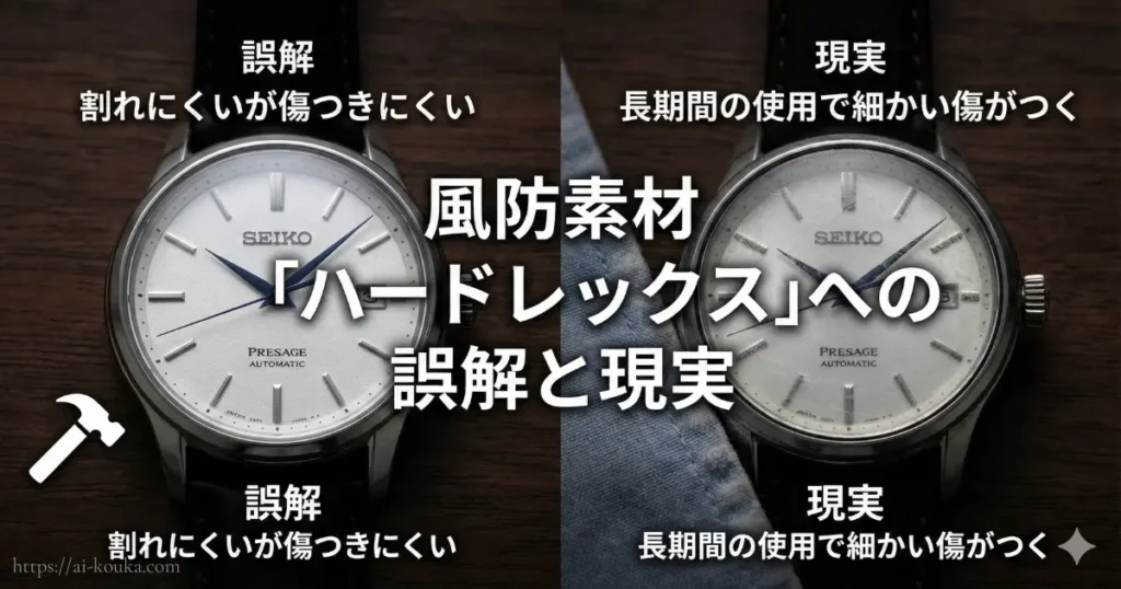 プレサージュの風防素材ハードレックスが割れにくい反面、長期間の使用で細かい傷がつく現実を示す解説図。