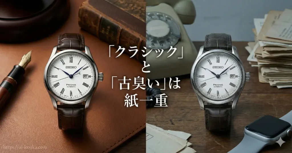 プレサージュの伝統的なデザインが、「クラシック」と「古臭い」のどちらに映るかを示す比較画像。