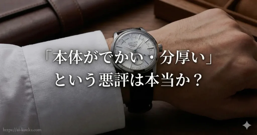 プレサージュの本体が「でかい」「分厚い」という悪評について、実際に着用して袖口の収まりを検証する画像。