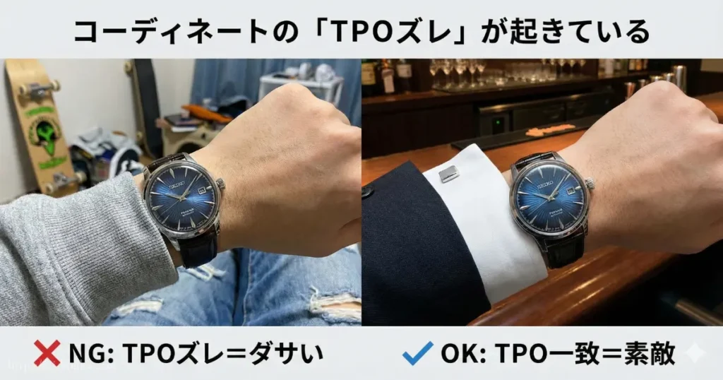 プレサージュを着用する際、服装とのTPOズレが原因でダサく見えてしまうNG例とOK例を示す解説図。