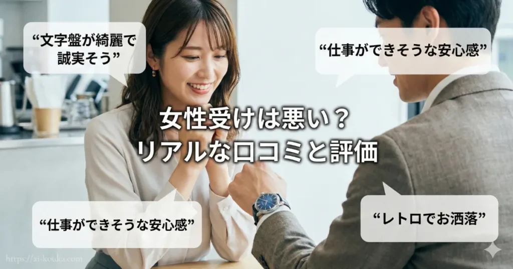 プレサージュに対する「誠実そう」「お洒落」といった女性からのリアルな好意的口コミと評価を示すイメージ画像。