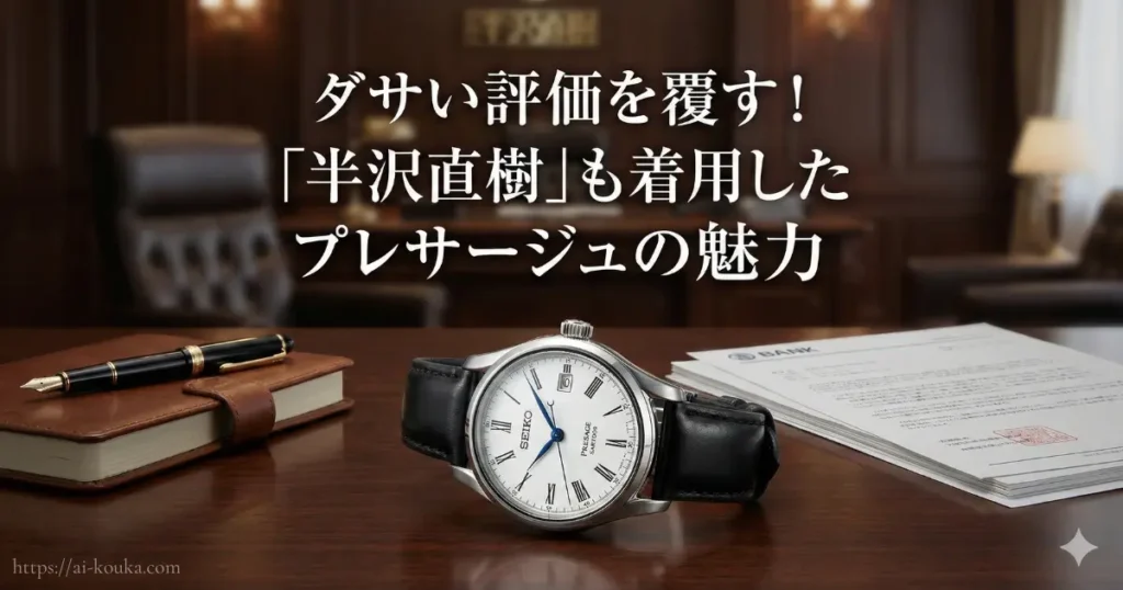 ドラマ『半沢直樹』で堺雅人さんが着用し話題となった、セイコープレサージュ琺瑯モデルを紹介する画像。