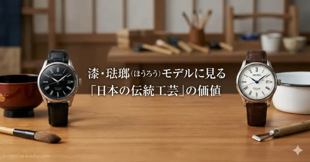プレサージュの「漆」や「琺瑯（ほうろう）」モデルに見られる、日本の伝統工芸の美しさと価値を示す紹介画像。