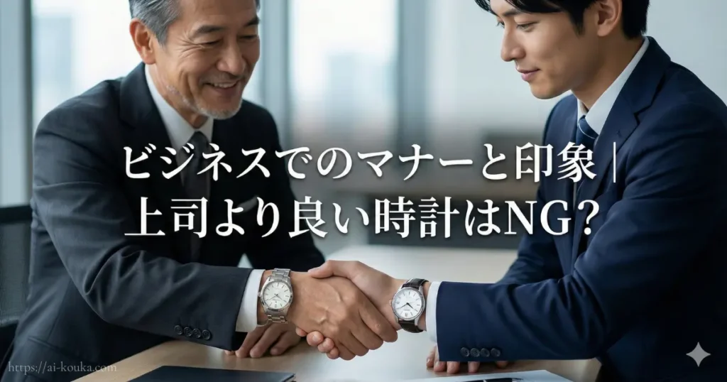 ビジネスシーンでの「上司より良い時計はNGか」というマナーの疑問と、信頼感あるプレサージュの印象を示す画像。