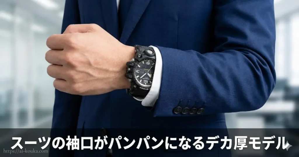 スーツの袖口が膨らんでしまうデカ厚G-SHOCKのNG例画像