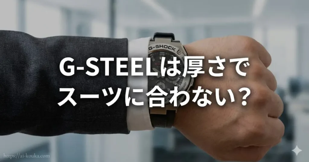 厚みのあるG-STEELがスーツの袖口に引っかかる様子の写真