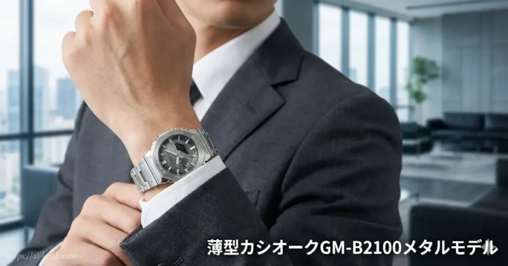 スーツ袖に収まる薄型メタルカシオークGM-B2100の着用画像