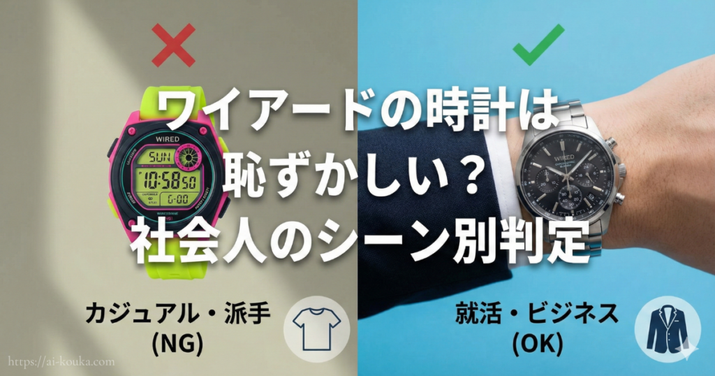 社会人がワイアードの時計を使う際の、カジュアルNG・ビジネスOKのシーン別判定と着用マナーを示した比較図。