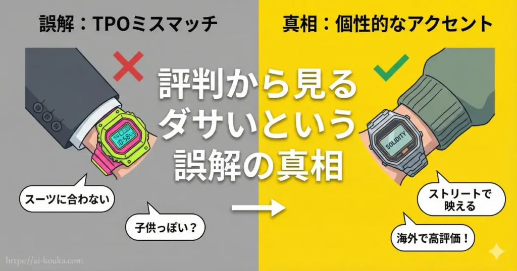 ワイアードがダサいという評判はTPOのミスマッチが原因であり、実際は個性的であることを示した解説画像。