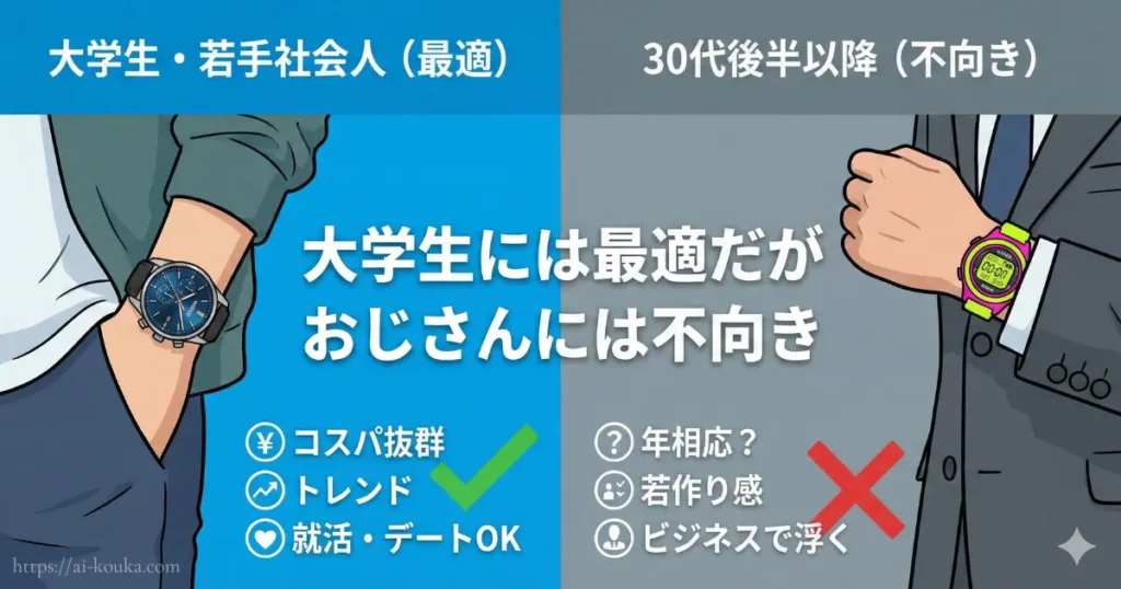 ワイアードの時計が大学生や若手社会人にはコスパ最強だが、30代以上のおじさん世代には不向きな理由のまとめ図。
