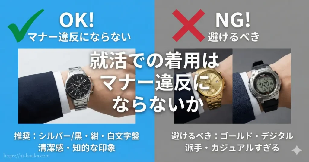 就活でワイアードを着用してもマナー違反にならない推奨モデルと、避けるべきNGモデルの比較解説画像。