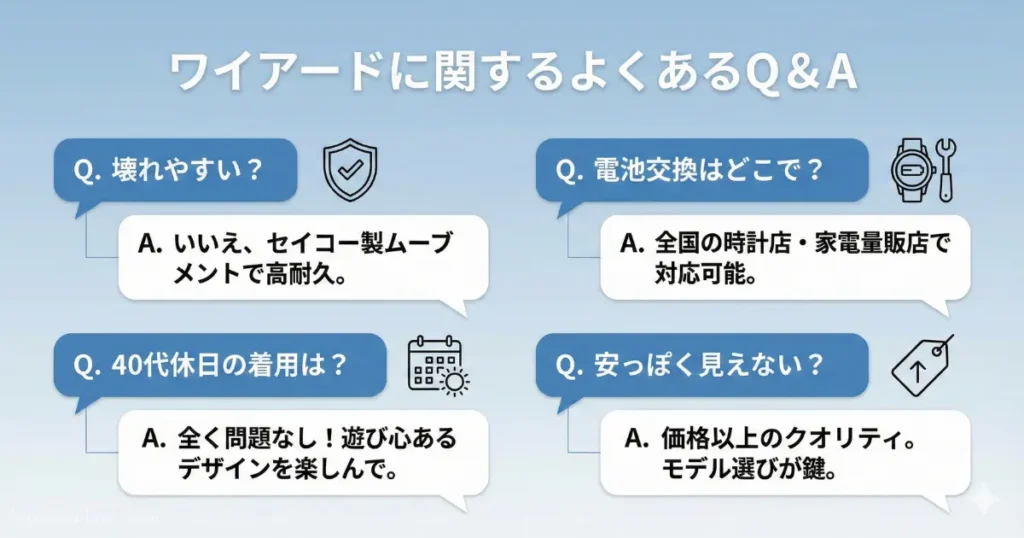 ワイアードの耐久性や電池交換、年齢層に関するよくある質問と回答をわかりやすくまとめたQ&A一覧画像。