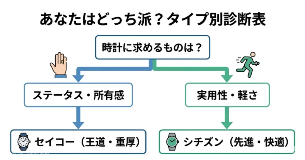時計に求める要素からセイコーとシチズンを導く図解