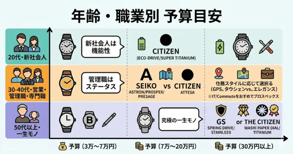 年齢や職業別の推奨予算と最適な時計ブランドを示す図解